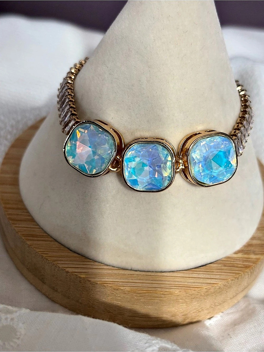 Iridescent Blue & Gold Statement Tennis Necklace and Bracelet set
